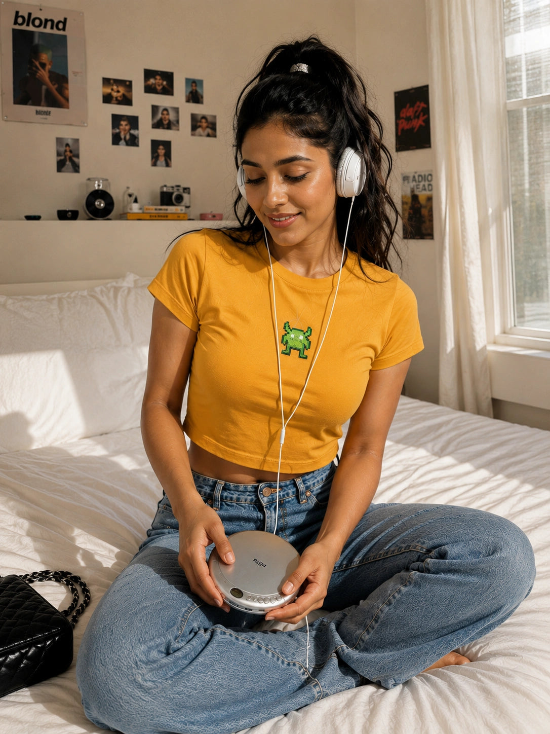 Woman sitting on a bed wearing headphones and holding a small device, with a bright and casual room setting.