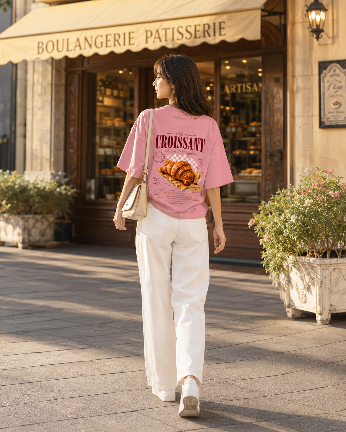Woman walking past a bakery wearing a pink t-shirt with a croissant graphic.