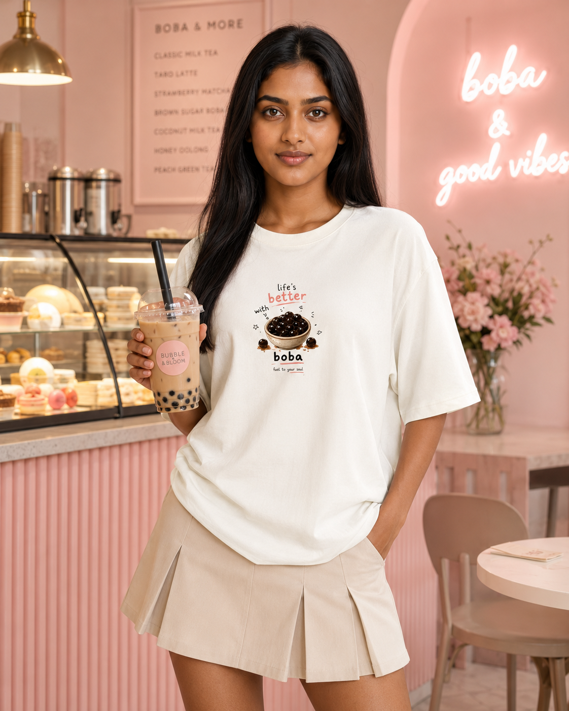 Woman in a white t-shirt with a boba design in a cafe.