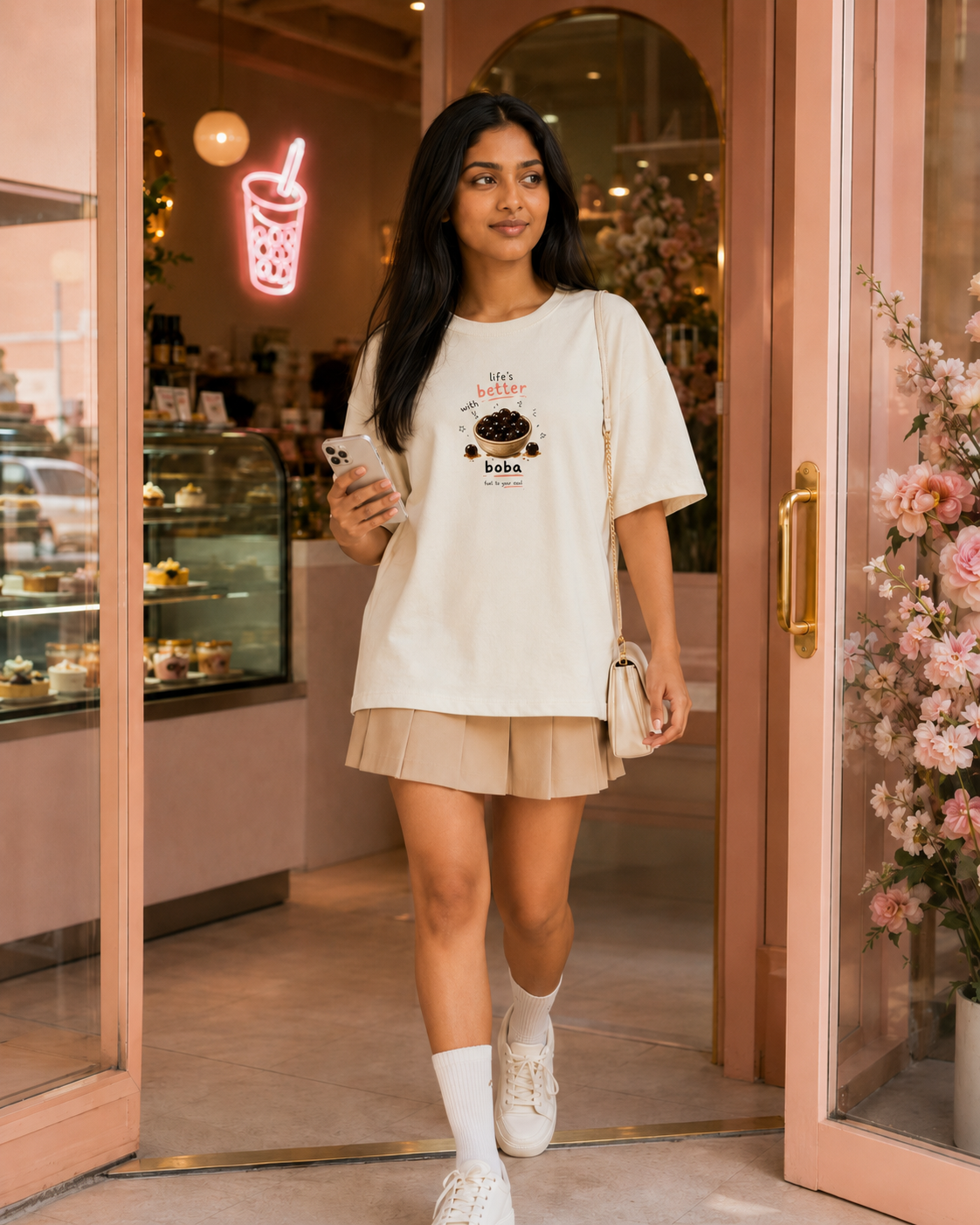 Woman walking out of a cafe holding a phone, wearing a white t-shirt and beige skirt.