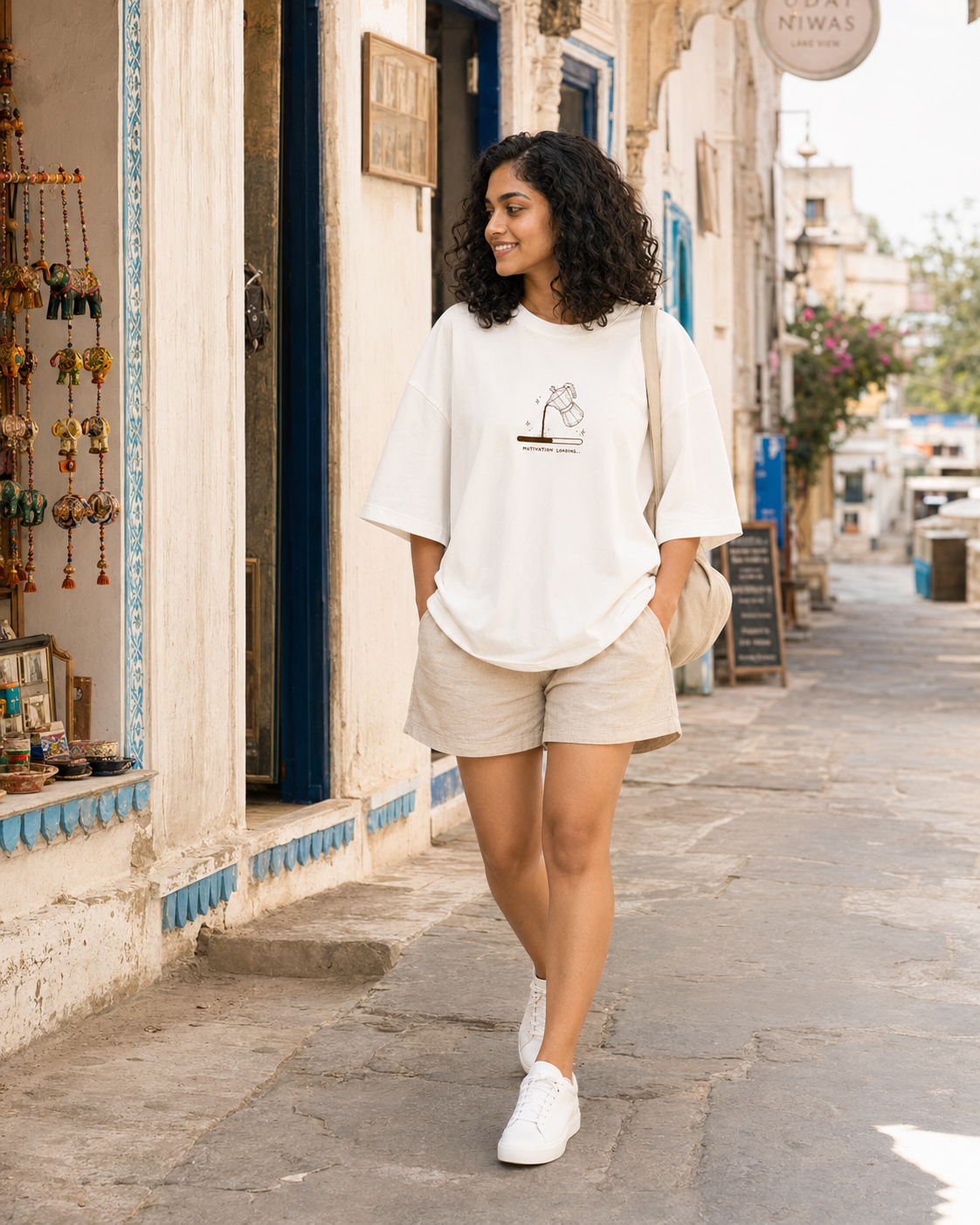 Woman walking on a street wearing a white t-shirt and beige shorts.