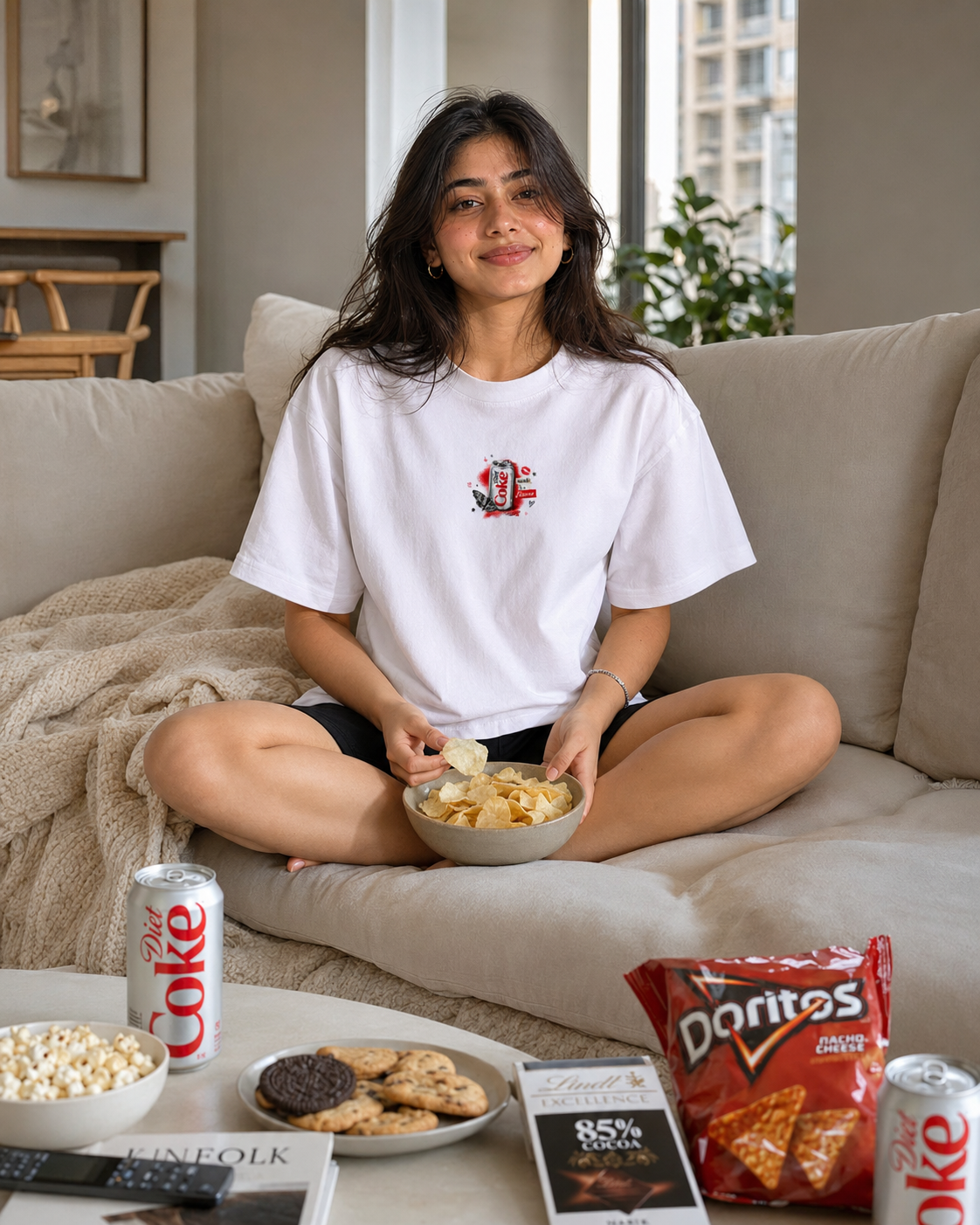 Woman sitting on a couch eating chips with snacks and drinks around her
