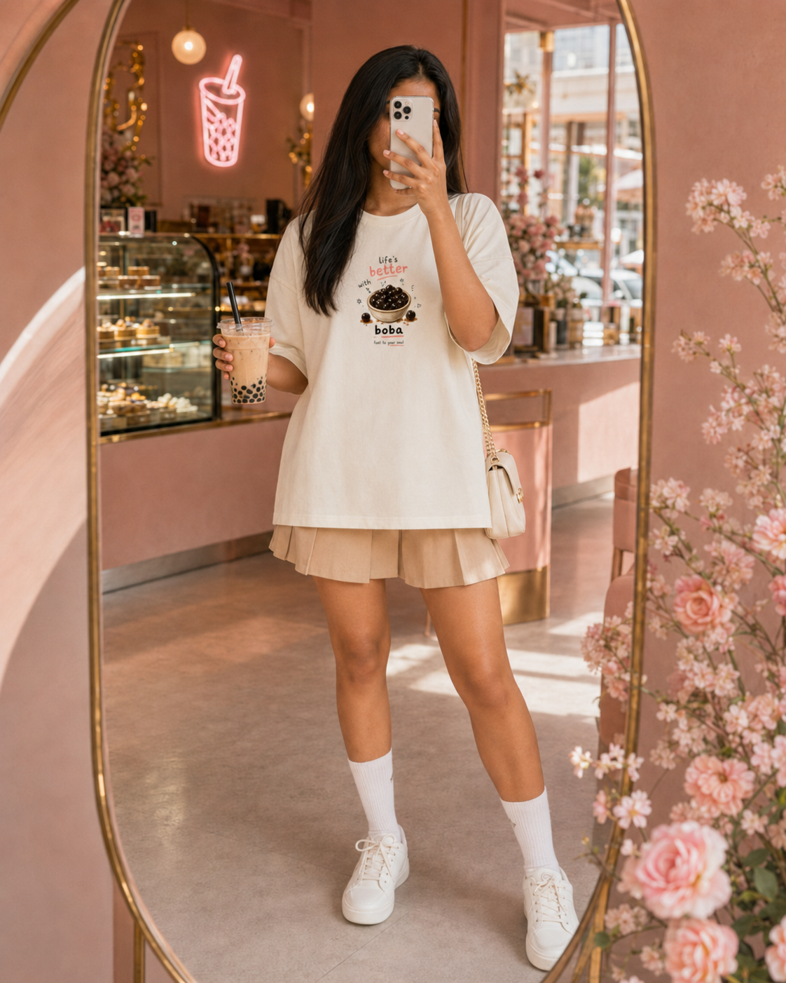 Person taking a mirror selfie in a cafe wearing a white t-shirt and beige skirt.