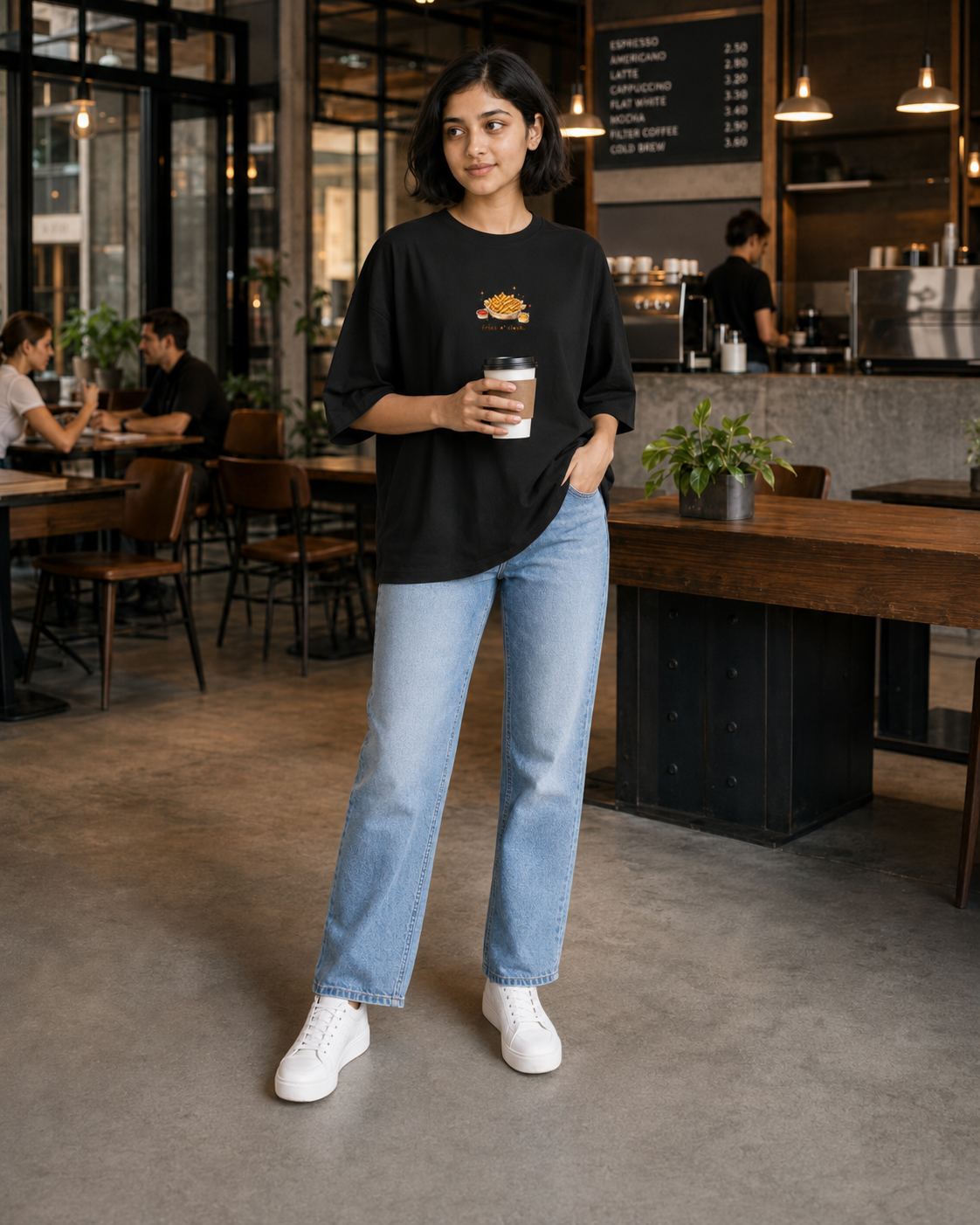 Person standing in a coffee shop holding a drink, wearing a black t-shirt and blue jeans.