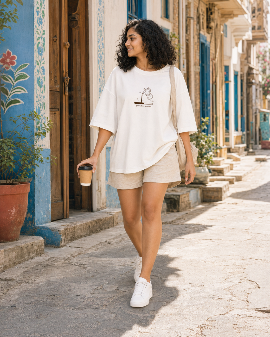 Woman walking down a sunlit street holding a coffee cup, wearing a white oversized t-shirt and beige shorts.