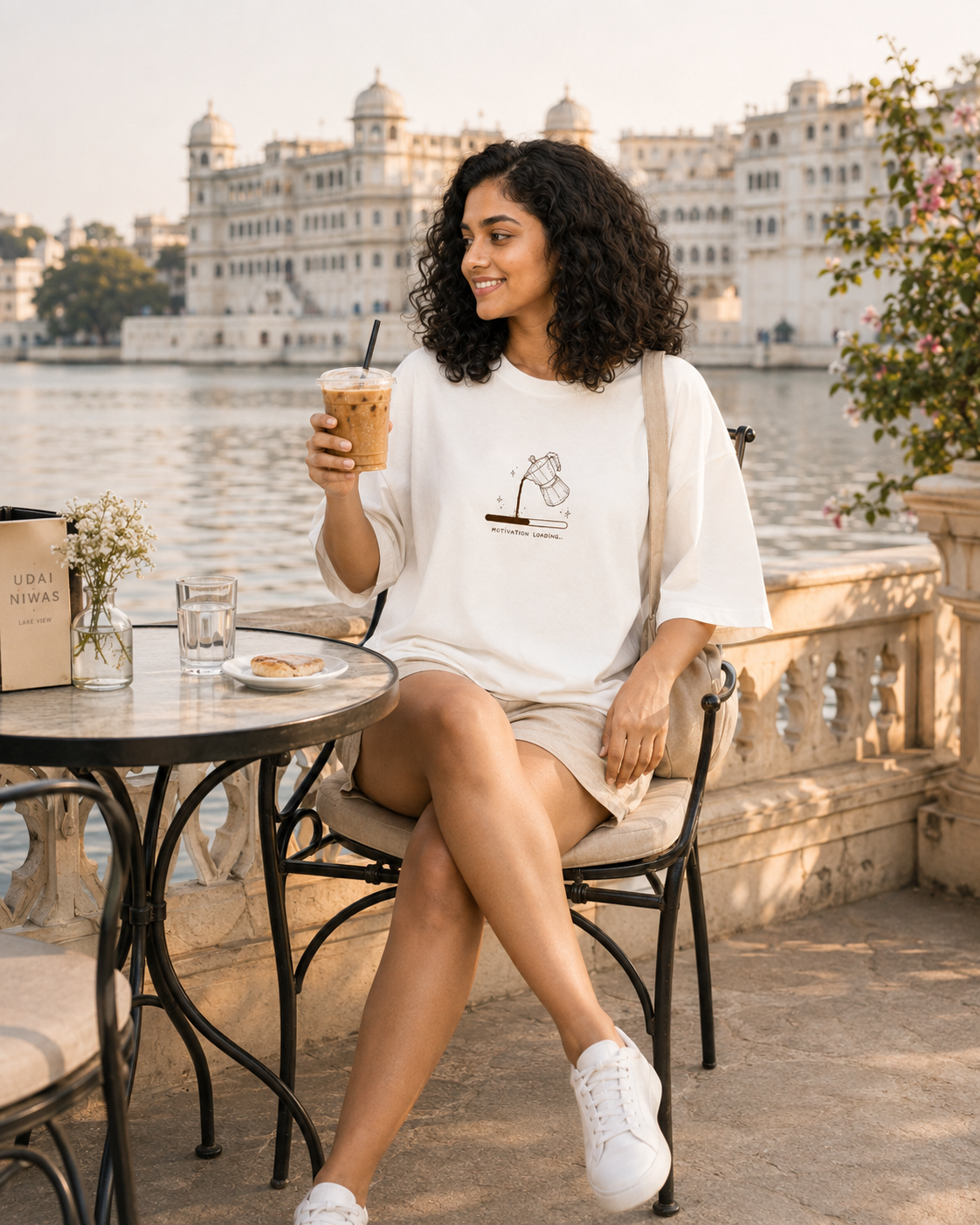 Woman sitting at a table by a waterfront with a scenic background