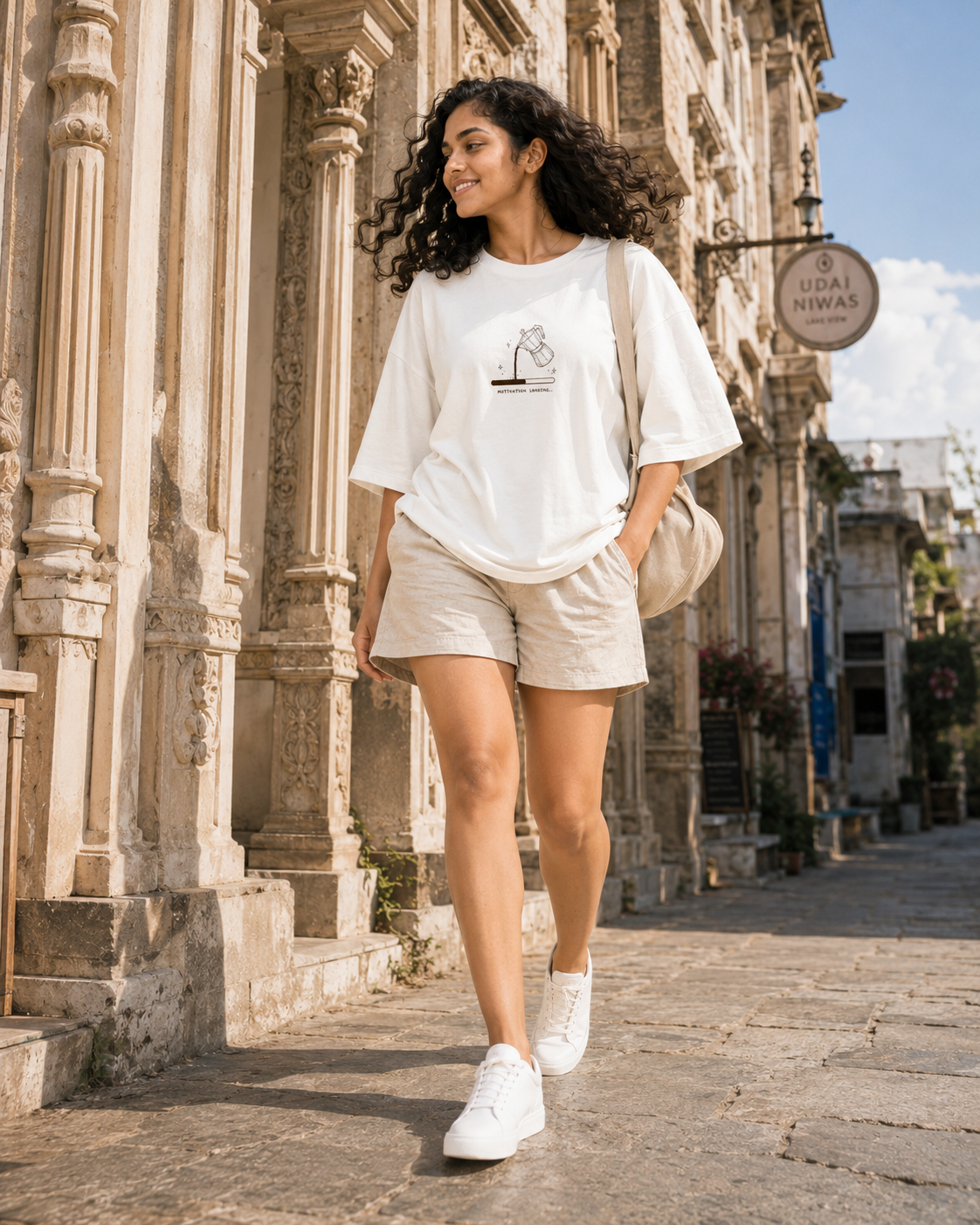 Woman in a white t-shirt and shorts walking on a street with historical architecture.