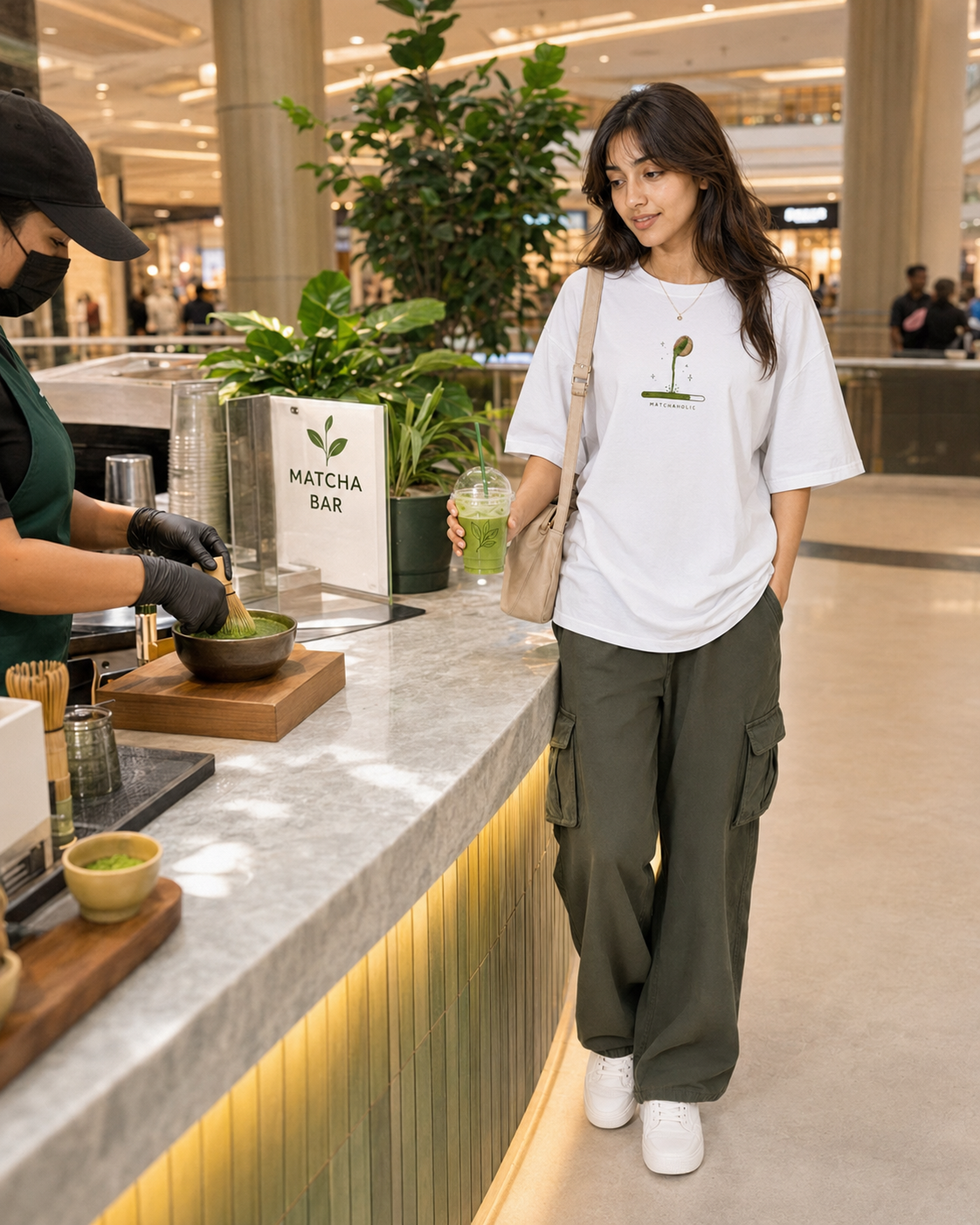 Woman standing in a mall, holding a green drink next to a matcha bar counter.