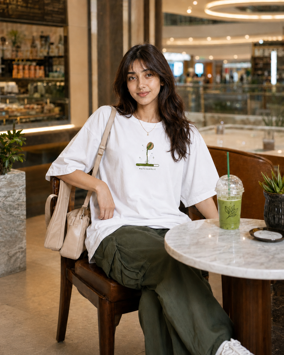Woman sitting at a table with a drink, wearing a white t-shirt with a design, in a mall setting.