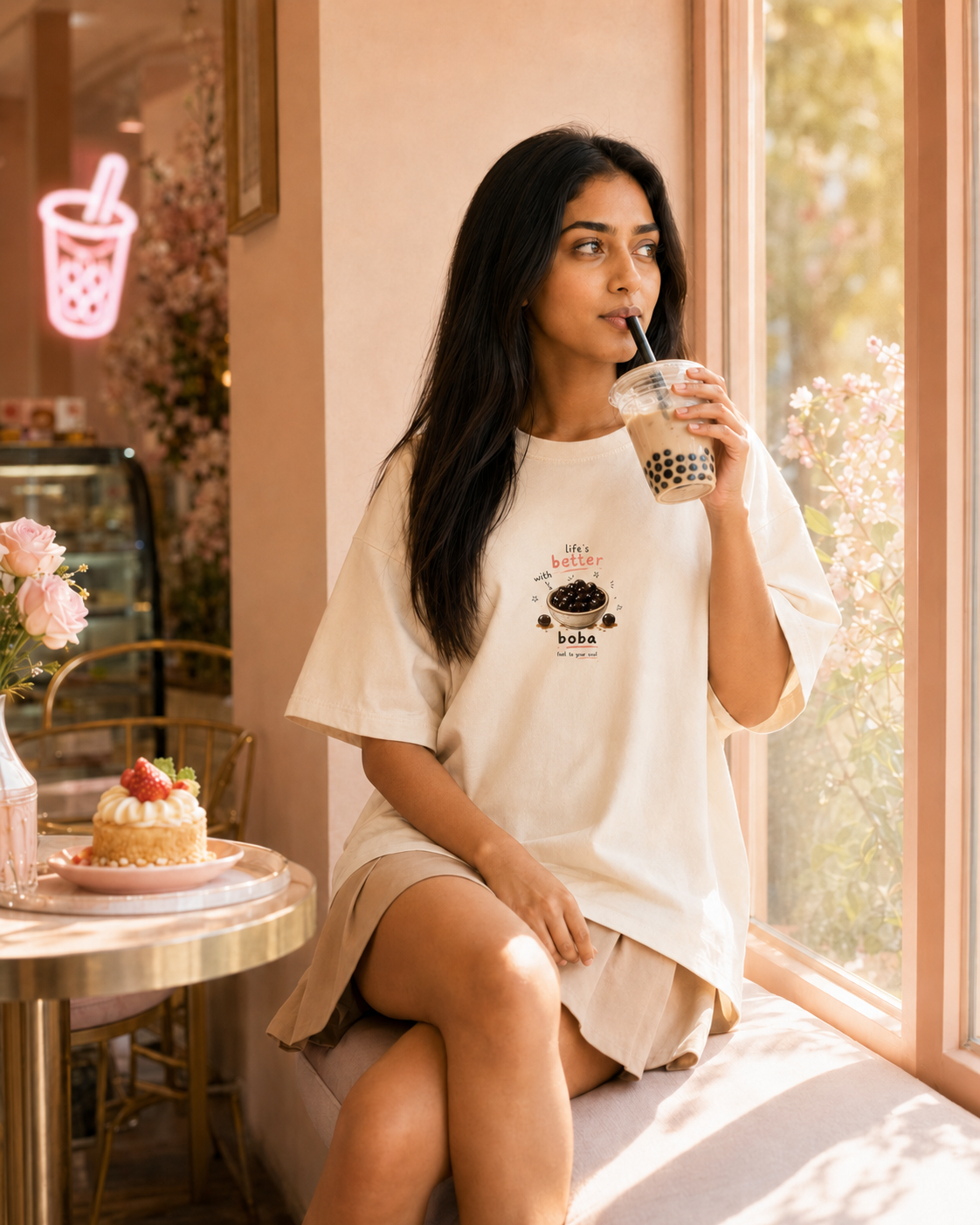 Woman sitting by a window in a cafe, drinking a bubble tea.
