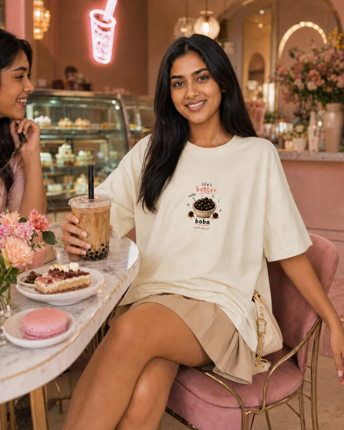 Two women sitting at a table in a cafe, one wearing a white t-shirt with a coffee design.