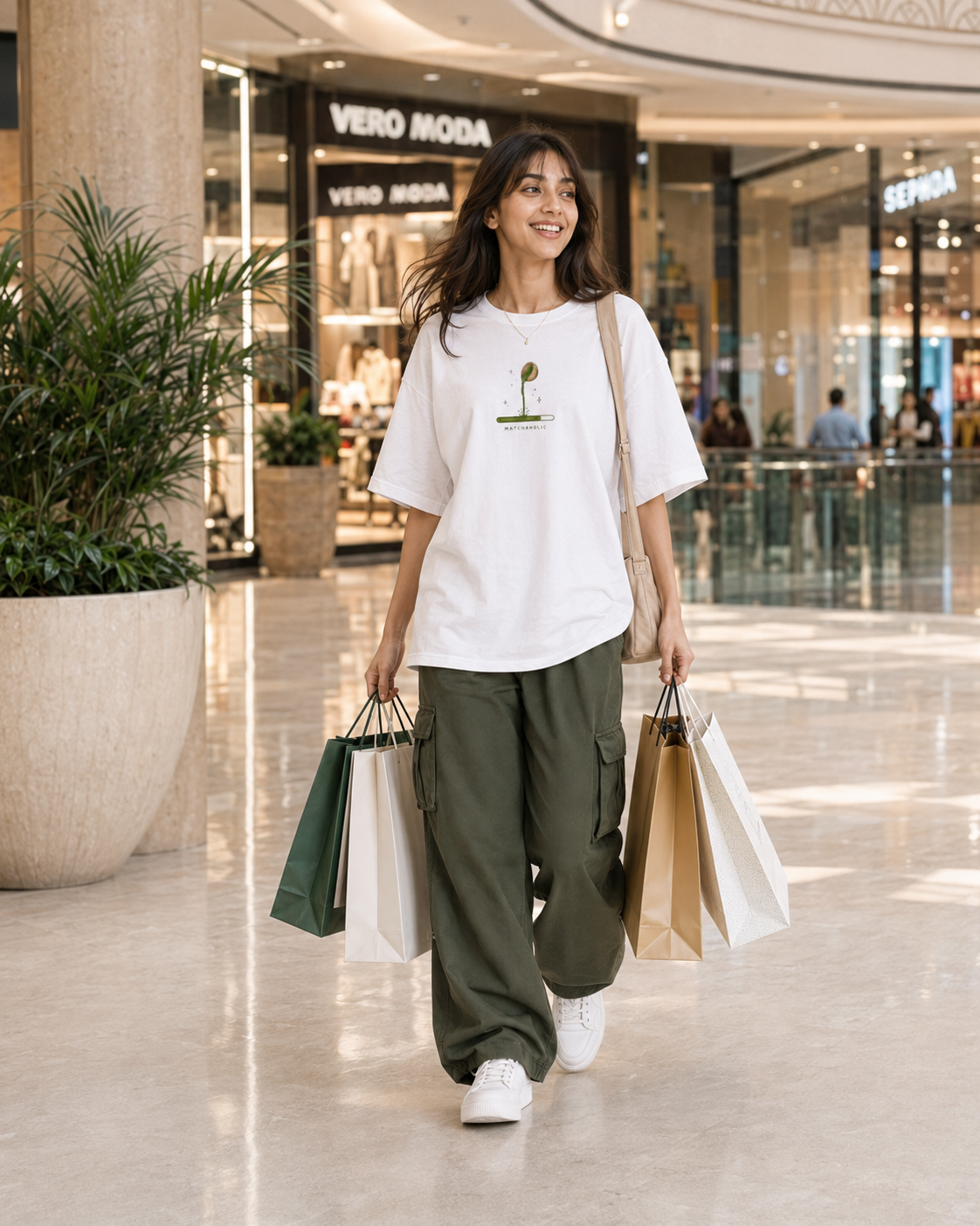 Woman walking in a mall holding shopping bags, wearing a white t-shirt and green pants.