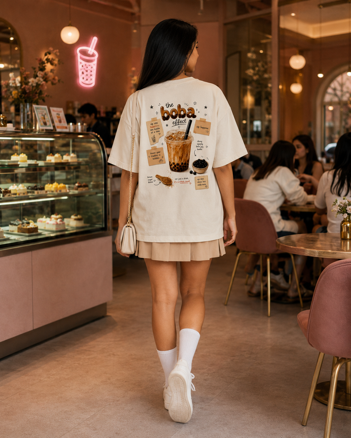 Woman walking in a cafe wearing a beige oversized t-shirt with a coffee-themed design.