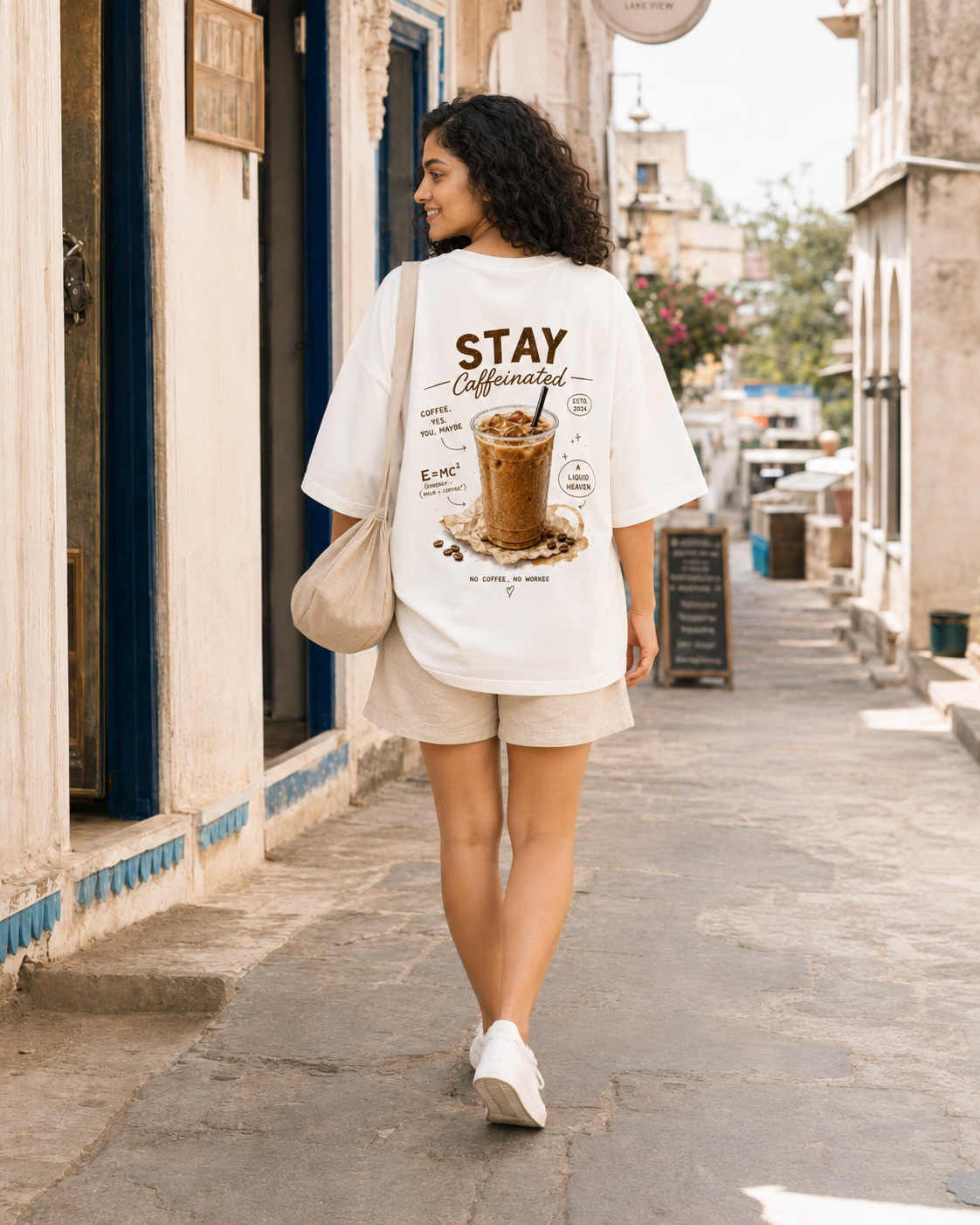 Woman walking on a street wearing a white t-shirt with a coffee graphic and text.