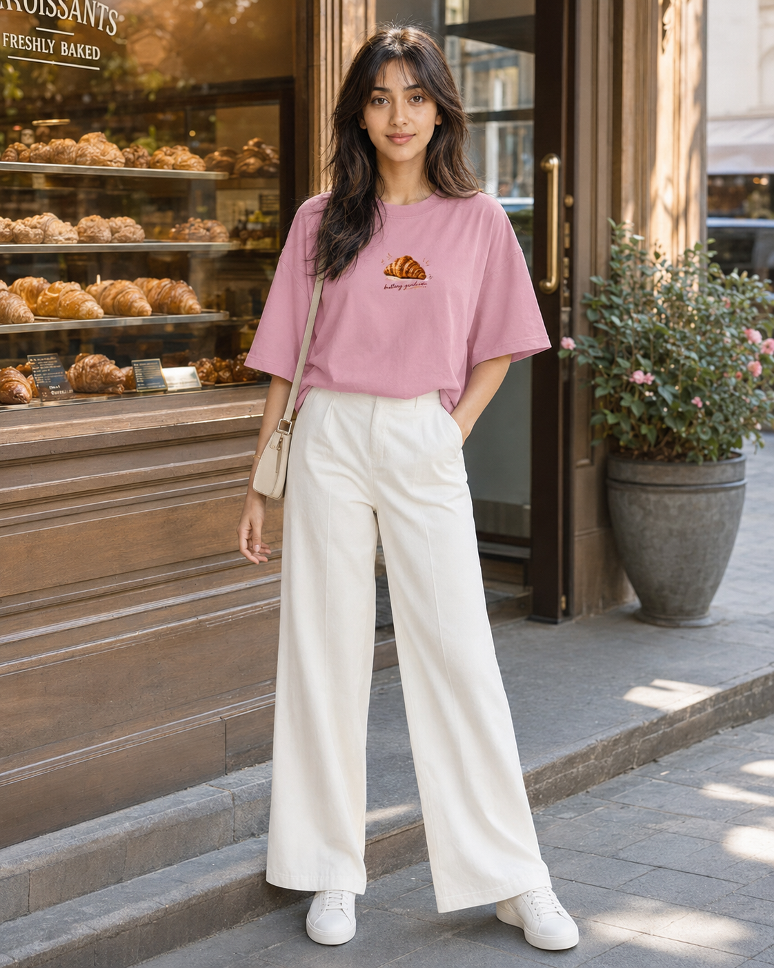 Woman in a pink t-shirt and white pants standing in front of a bakery.