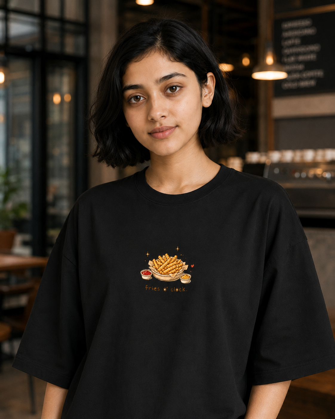 Person wearing a black t-shirt with a graphic design in a casual setting