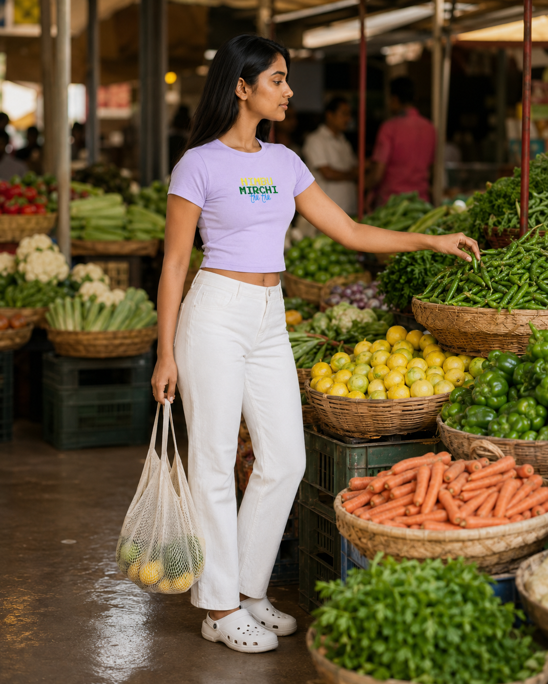 Woman shopping at a market with produce around her