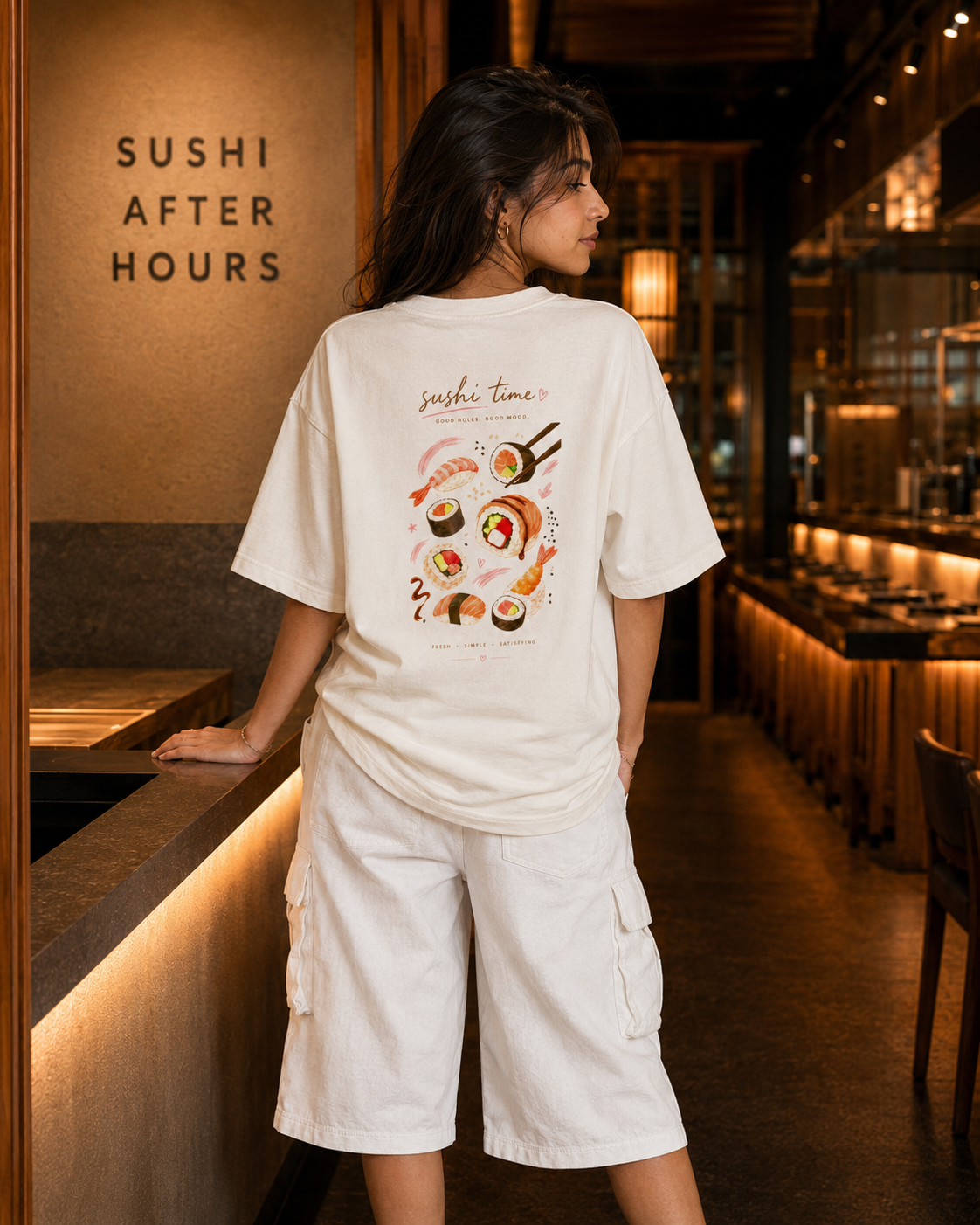 Person wearing a 'Sushi Time' t-shirt in a sushi restaurant.