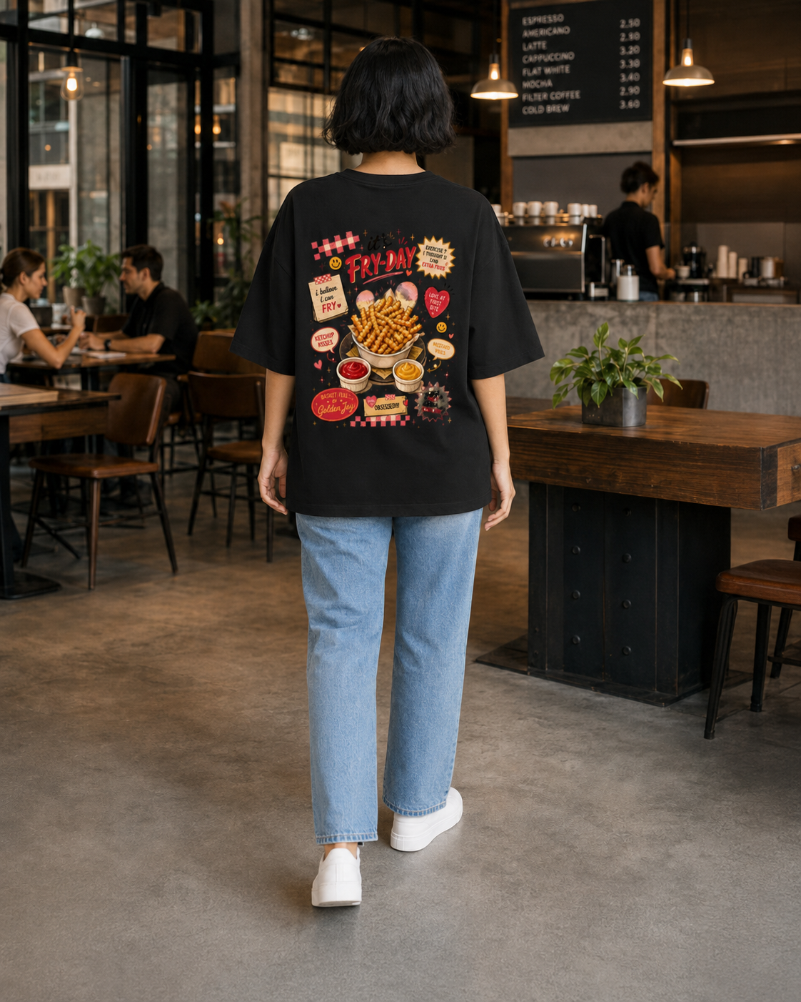 Person wearing a black t-shirt with colorful graphics in a casual setting