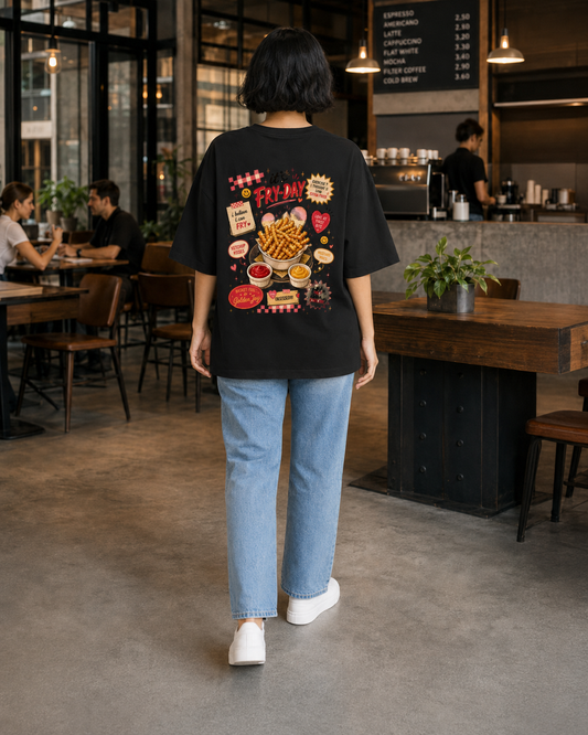 Person wearing a black t-shirt with colorful graphics in a casual setting