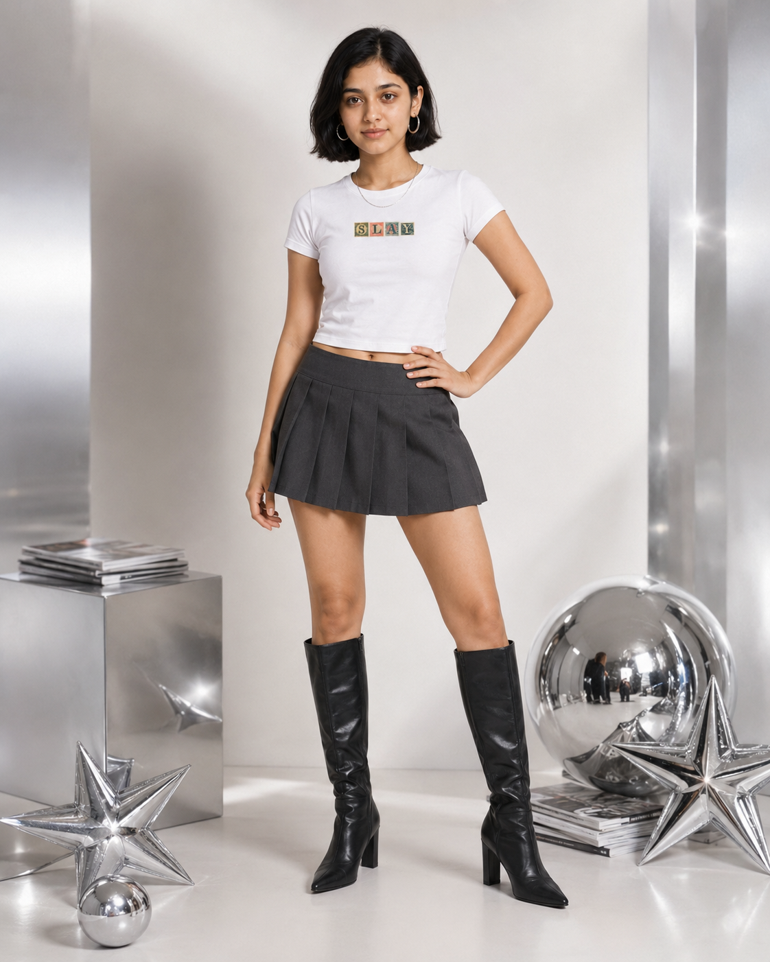Woman in a white t-shirt and black skirt with knee-high boots standing in a metallic interior setting.